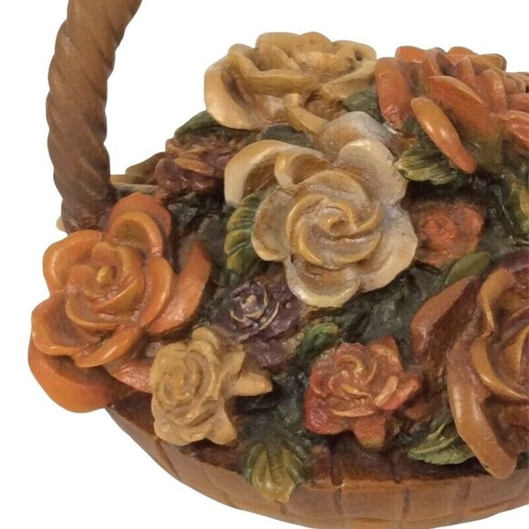 Vintage Mid-Century Carved Composite Wood Flower Basket Figurine Detailed Roses - Picture 5 of 7